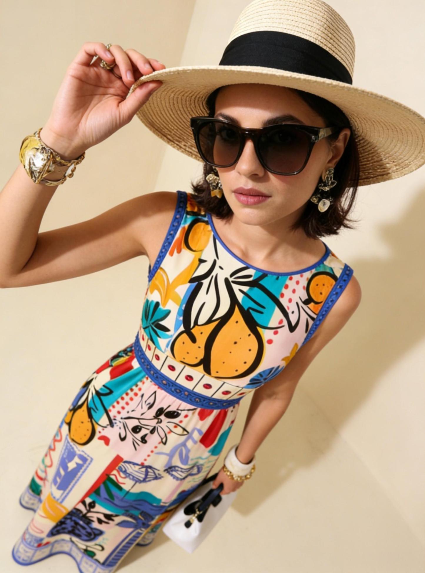 Colorful Graffiti Vacation Sleeveless Maxi Dress, Mediterranean Style Flowy Dress