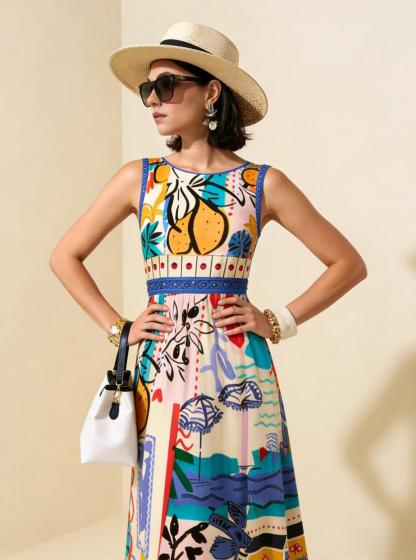 Colorful Graffiti Vacation Sleeveless Maxi Dress, Mediterranean Style Flowy Dress