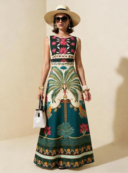 Green Palm Tree Floral Sleeveless Maxi Dress, Tropical Vacation Flowy Gown