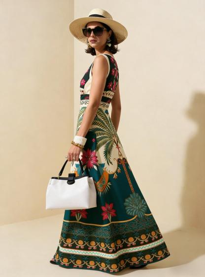 Green Palm Tree Floral Sleeveless Maxi Dress, Tropical Vacation Flowy Gown