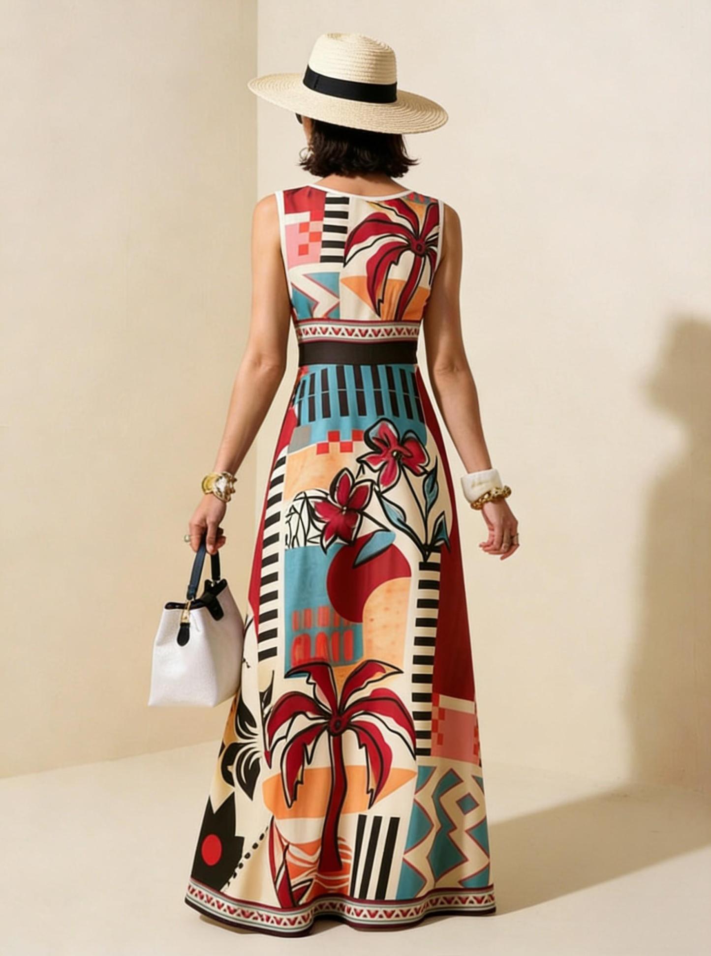 2026 Spring New Sleeveless Art Print Maxi Dress