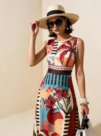 2026 Spring New Sleeveless Art Print Maxi Dress