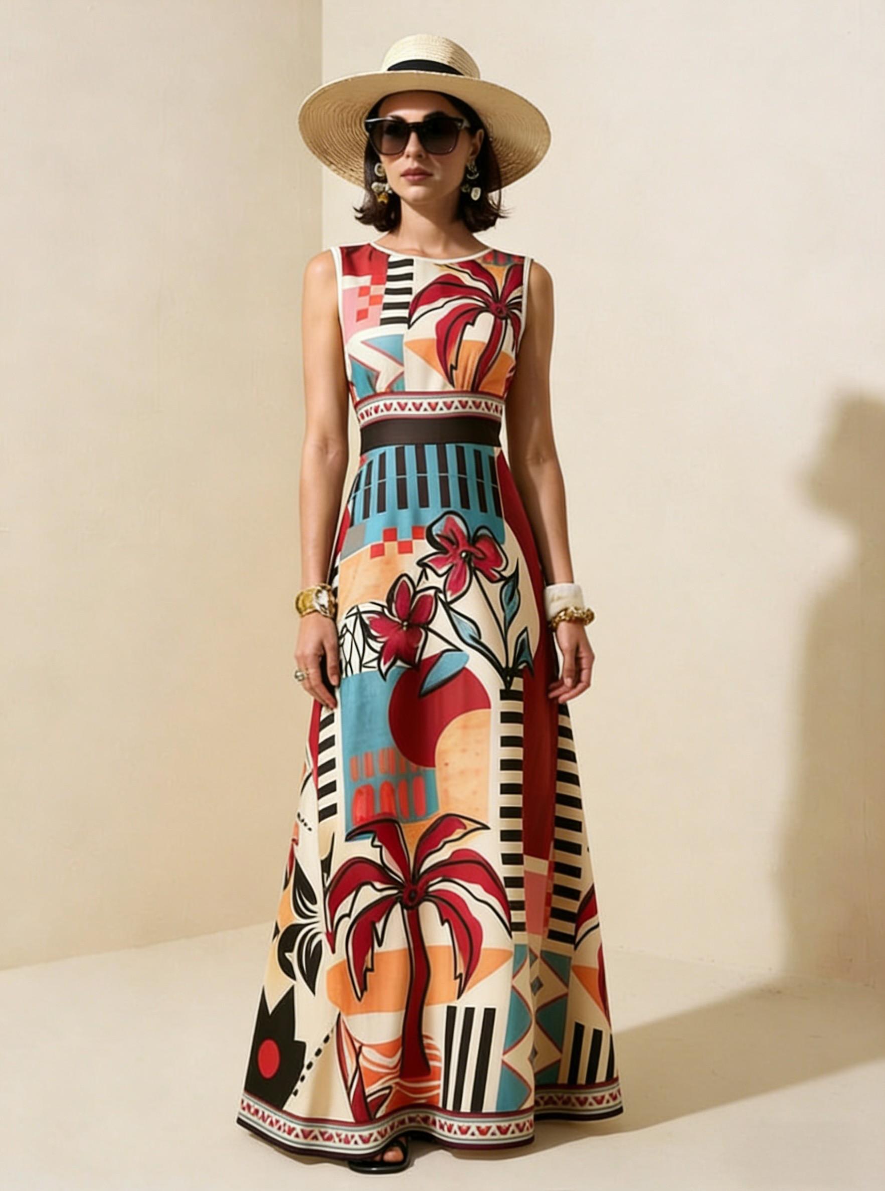 2026 Spring New Sleeveless Art Print Maxi Dress