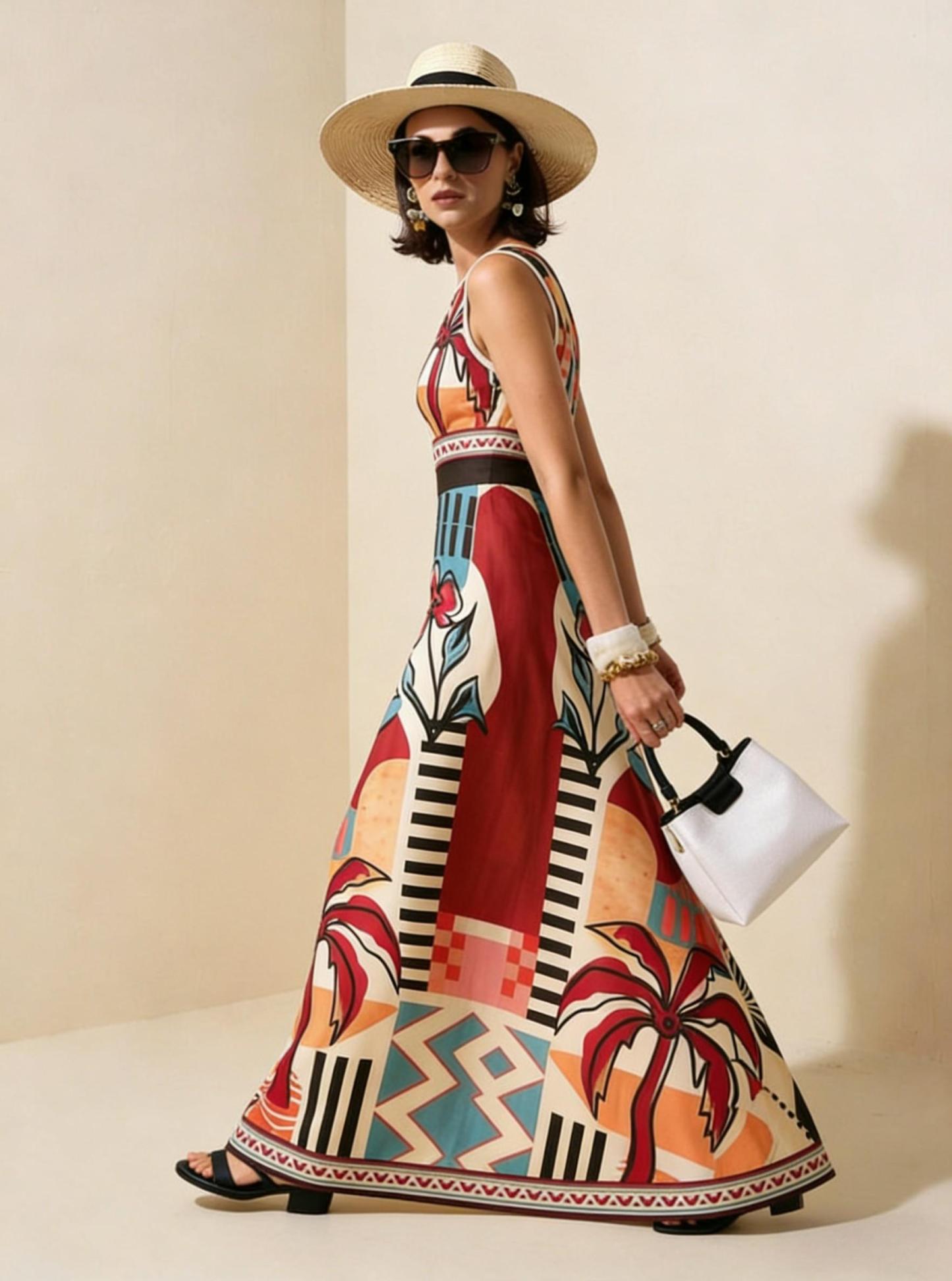 2026 Spring New Sleeveless Art Print Maxi Dress