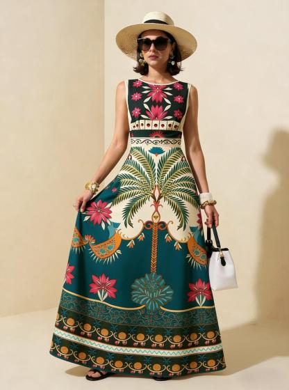 Green Palm Tree Floral Sleeveless Maxi Dress, Tropical Vacation Flowy Gown