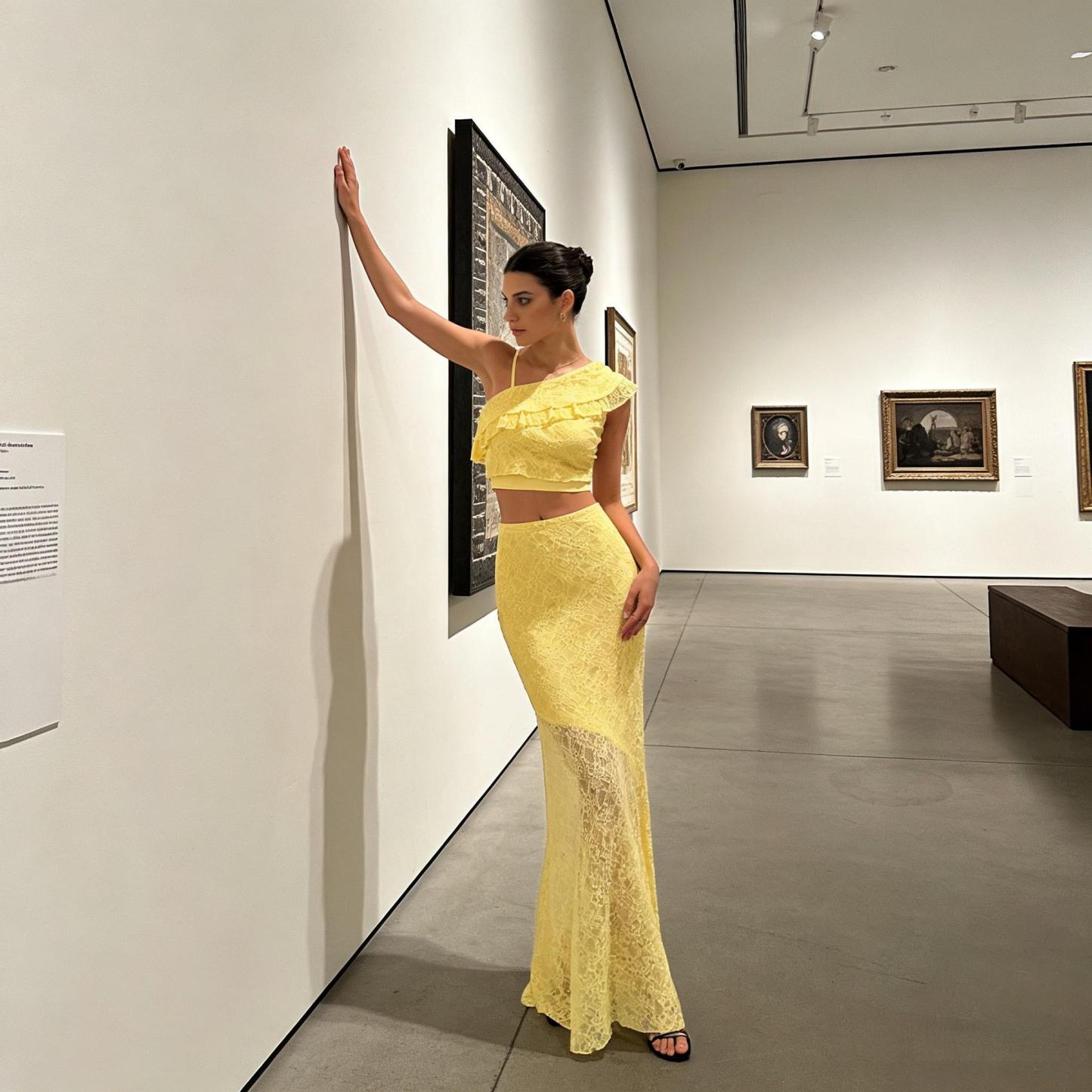 Woman's Light Yellow Lace Cami Top & Sheer Lace High-Waist Maxi Skirt Set