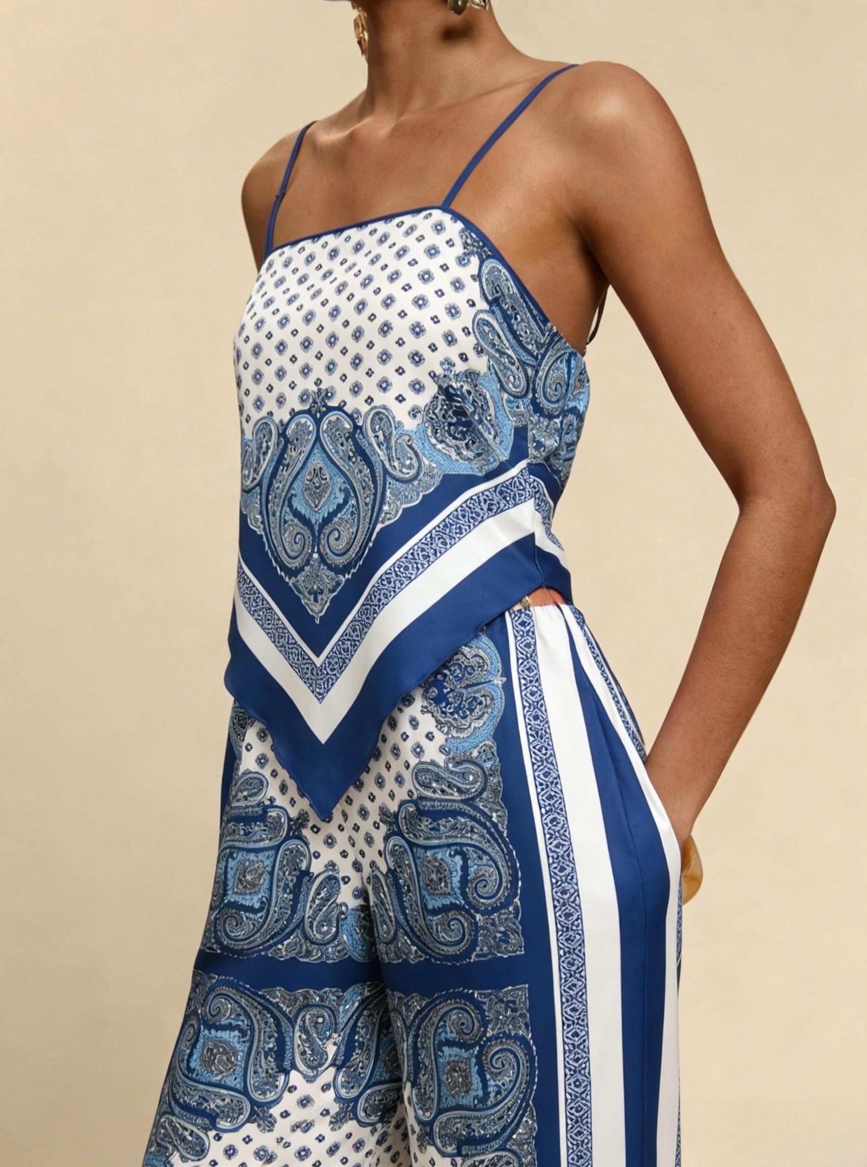 Flowery sling-back square scarf top wide-legged pants suit, bohemian holiday style two-piece suit