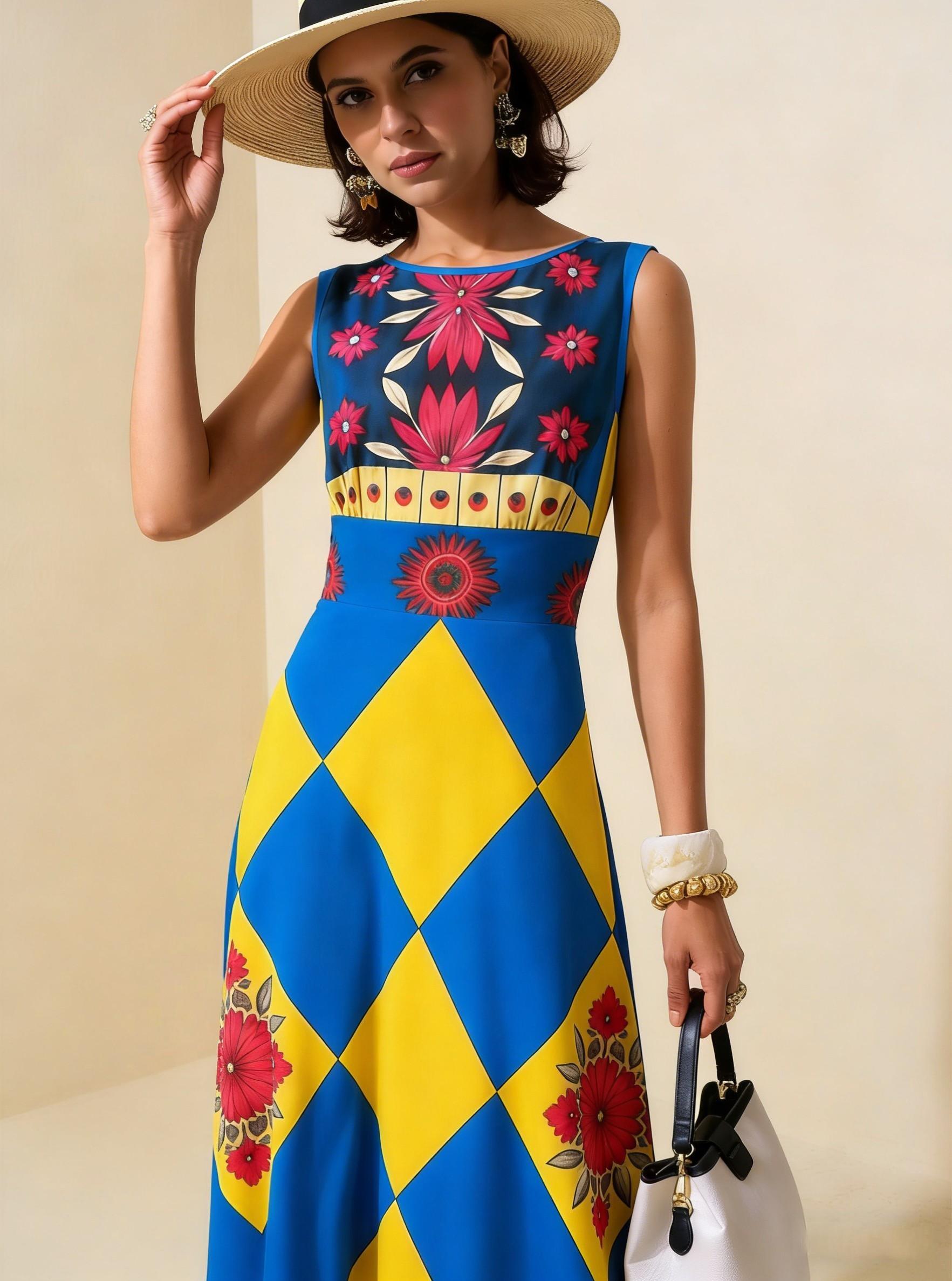 Blue & Yellow Diamond Floral Sleeveless Maxi Dress, Boho Vacation Flowy A Line Dress