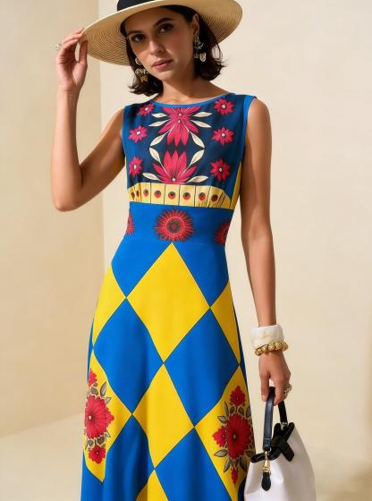 Blue & Yellow Diamond Floral Sleeveless Maxi Dress, Boho Vacation Flowy A Line Dress
