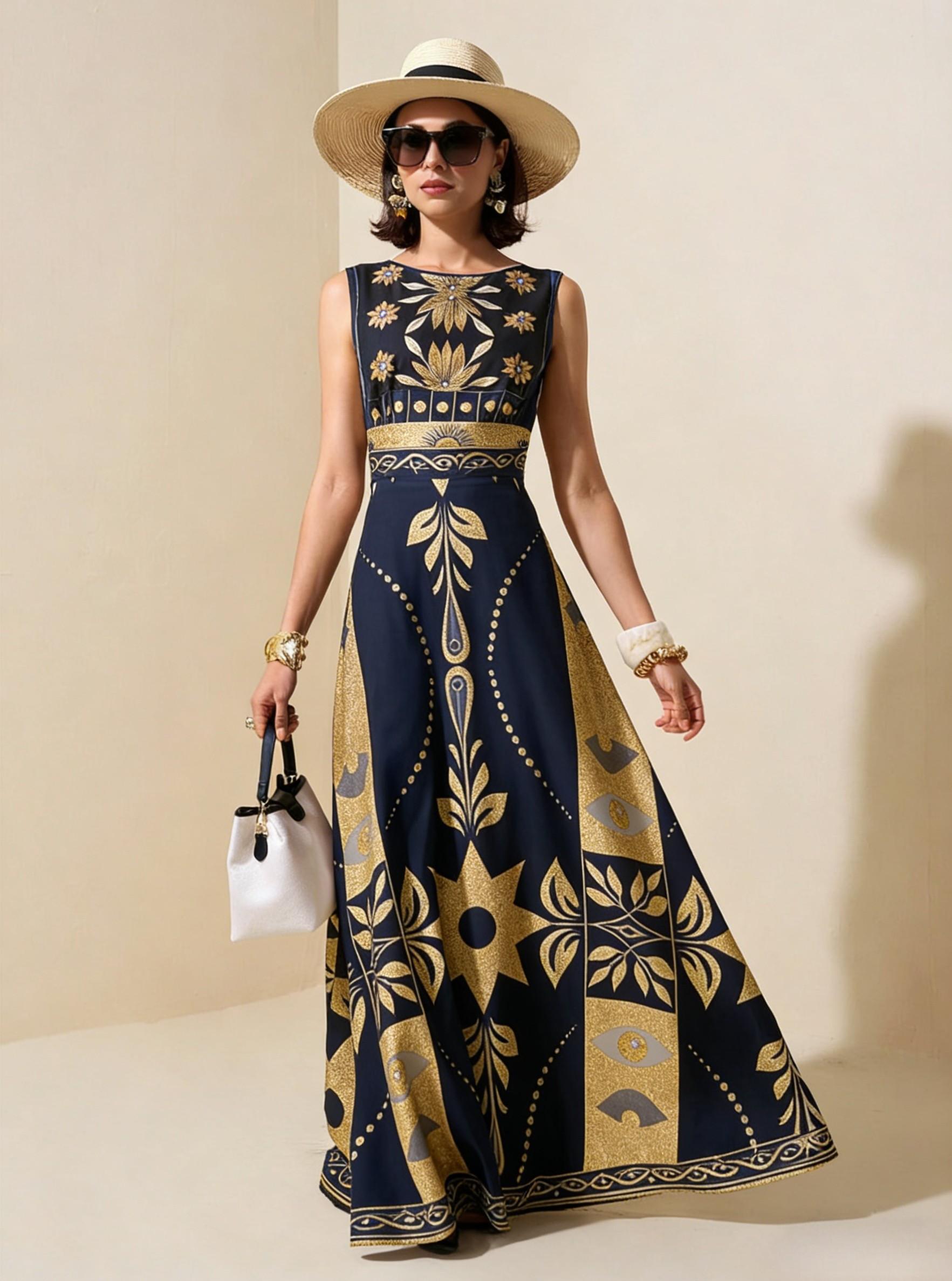 Navy Gold Geometric Tribal Sleeveless Maxi Dress, Luxury Palace Style Vacation Gown