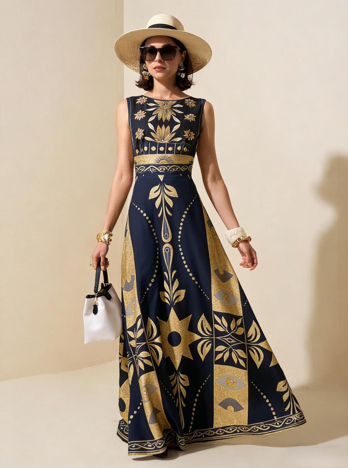 Navy Gold Geometric Tribal Sleeveless Maxi Dress, Luxury Palace Style Vacation Gown