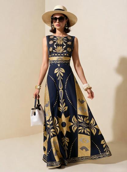 Navy Gold Geometric Tribal Sleeveless Maxi Dress, Luxury Palace Style Vacation Gown