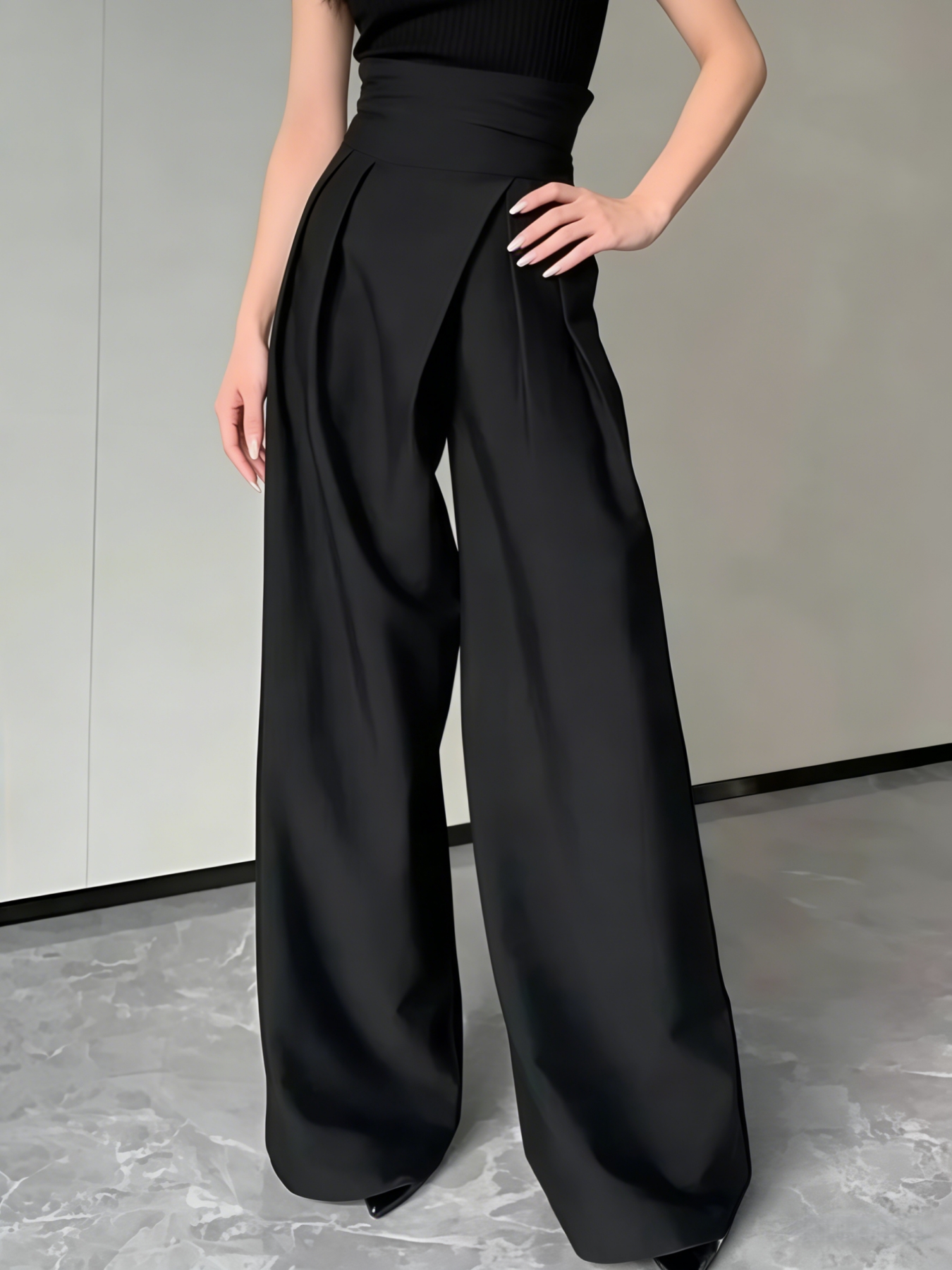 Black Pleated High Waist Wide Leg Pants-Aegean-sea