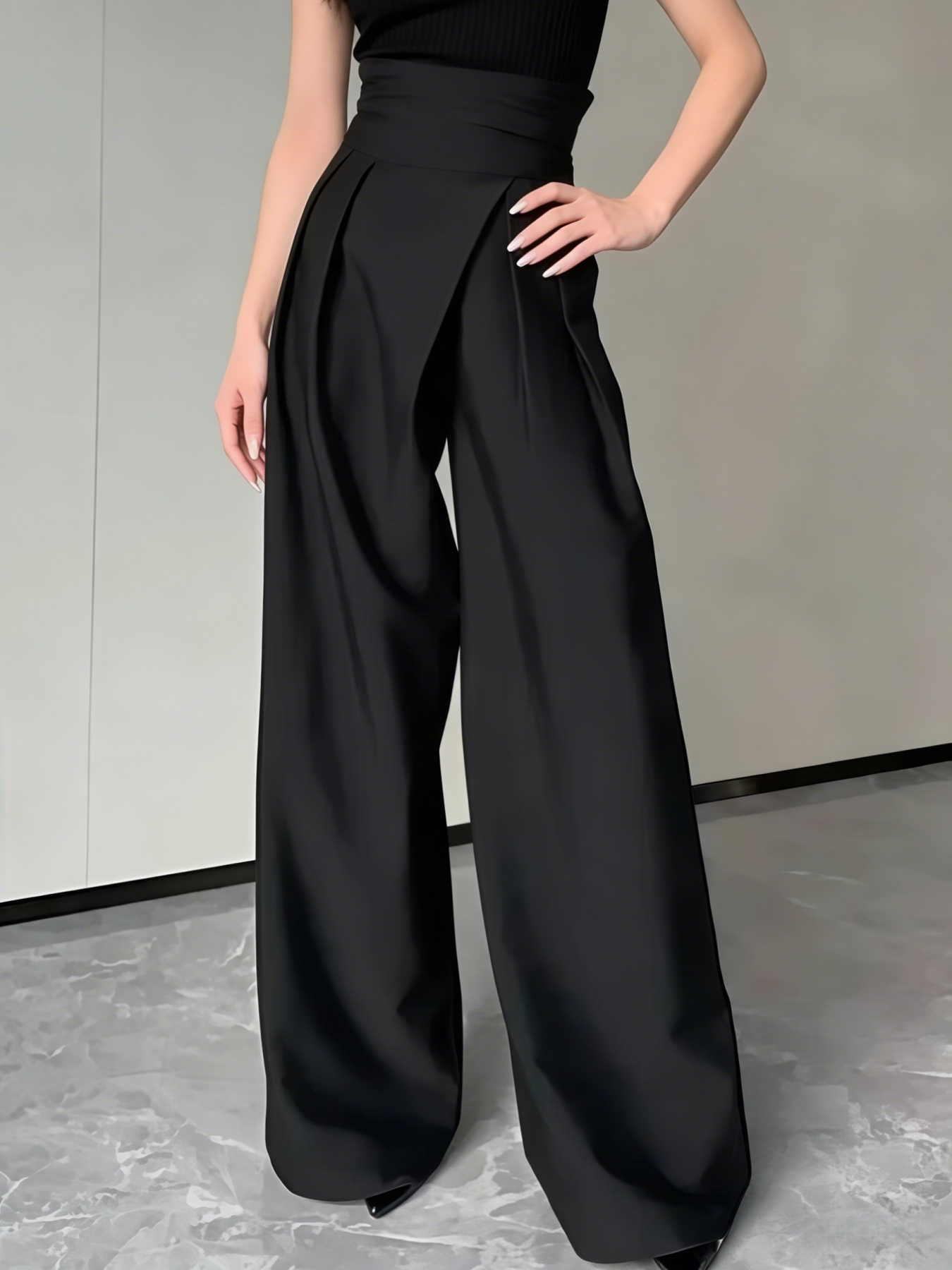 Black Pleated High Waist Wide Leg Pants-Aegean-sea