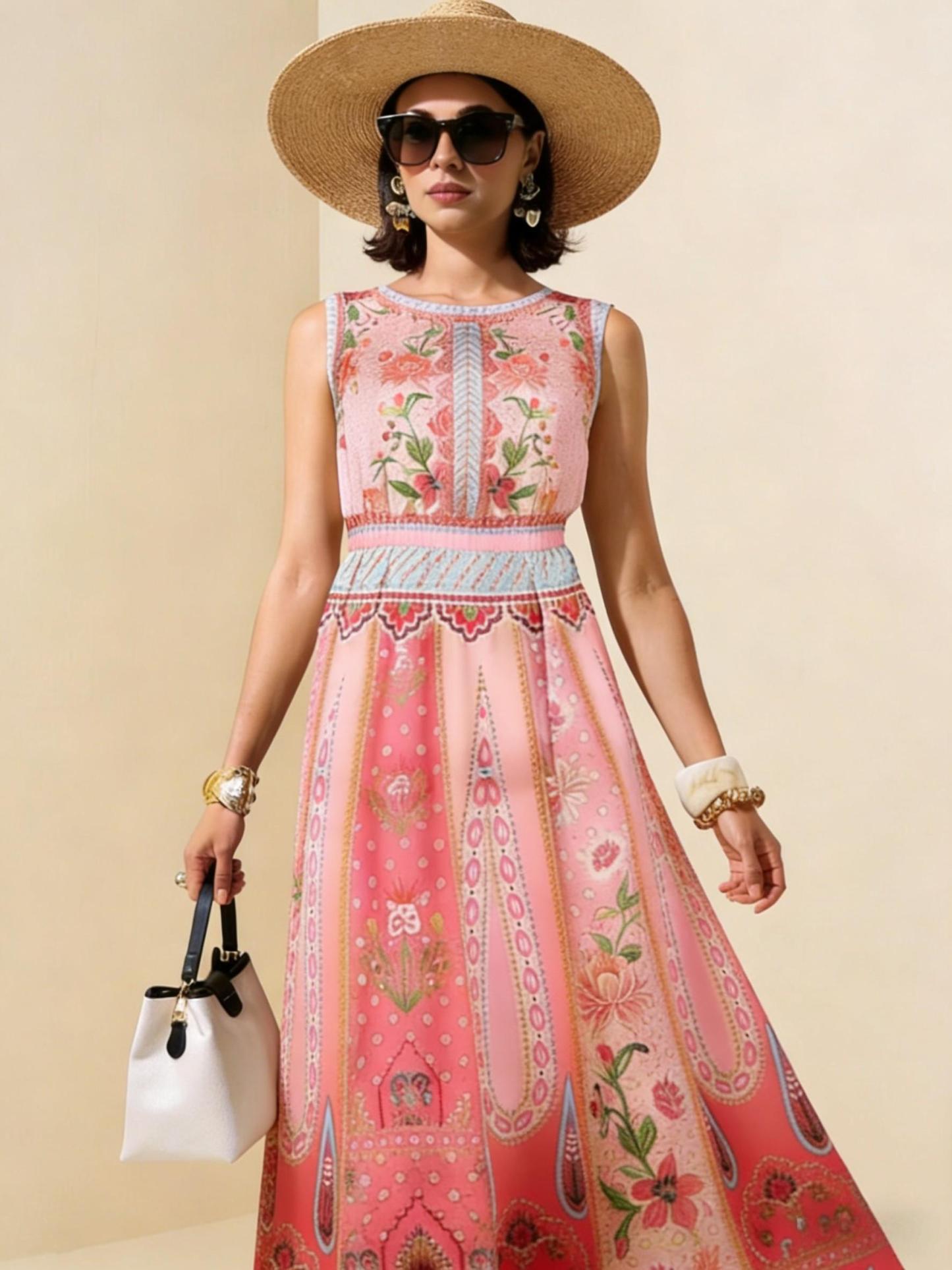 Pink Floral Ethnic Sleeveless Maxi Dress, Exotic Style Vacation Flowy Dress