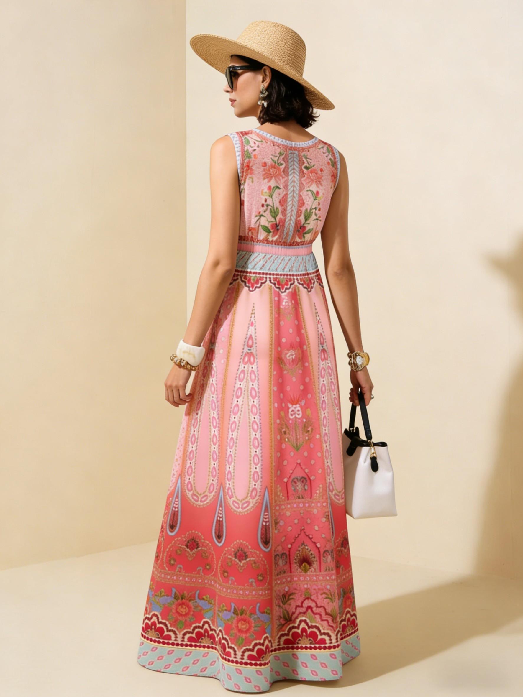 Pink Floral Ethnic Sleeveless Maxi Dress, Exotic Style Vacation Flowy Dress