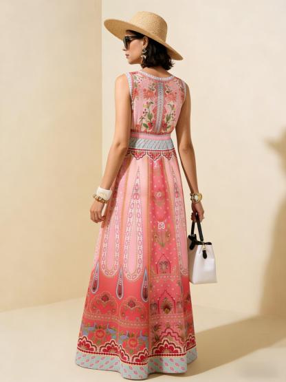 Pink Floral Ethnic Sleeveless Maxi Dress, Exotic Style Vacation Flowy Dress