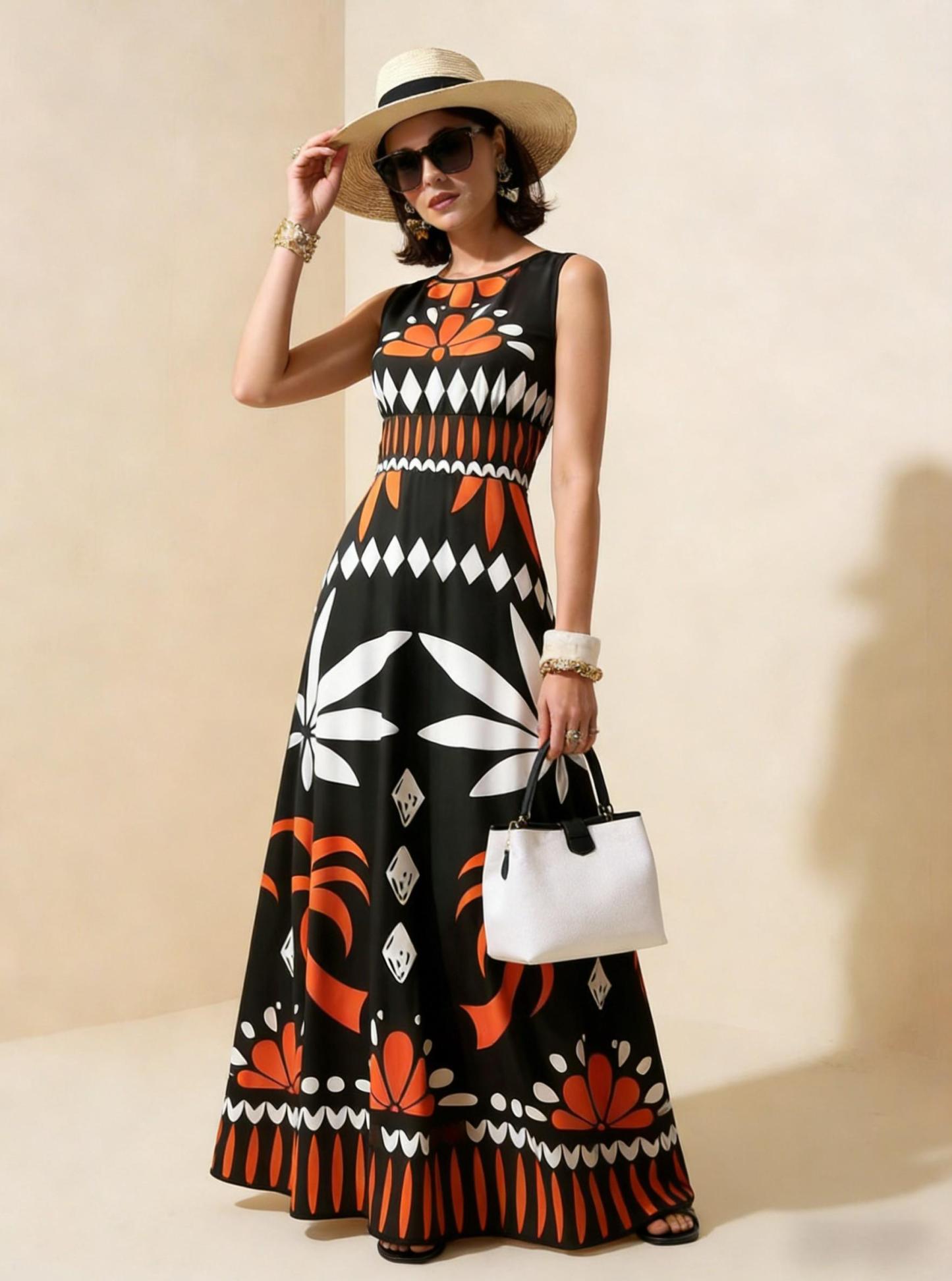 2026 Spring New Sleeveless Art Print Maxi Dress