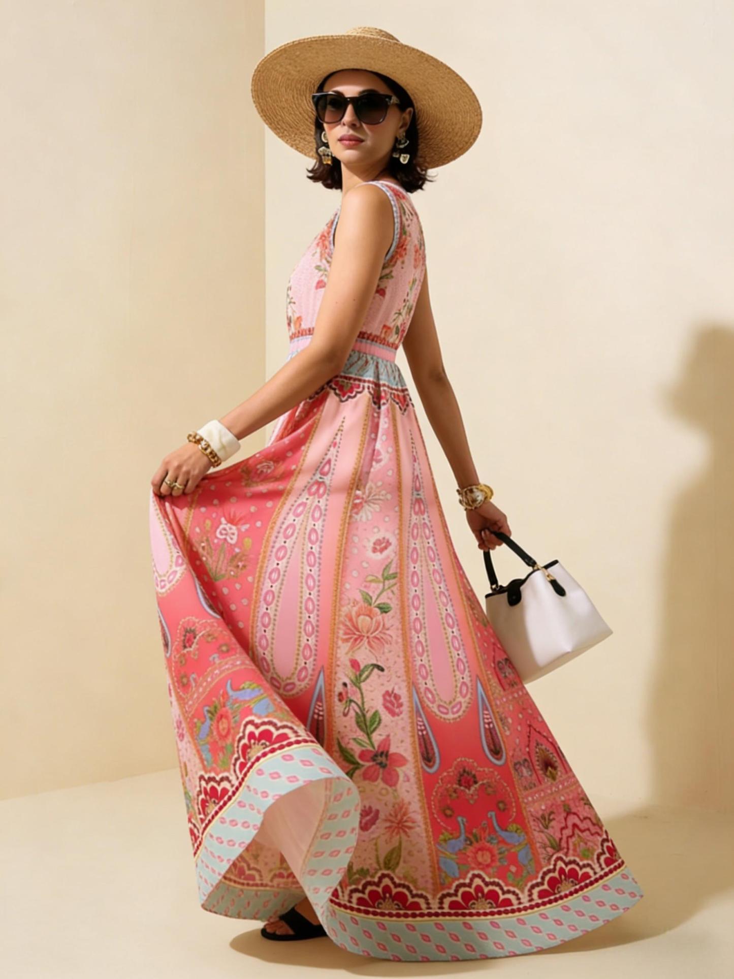 Pink Floral Ethnic Sleeveless Maxi Dress, Exotic Style Vacation Flowy Dress