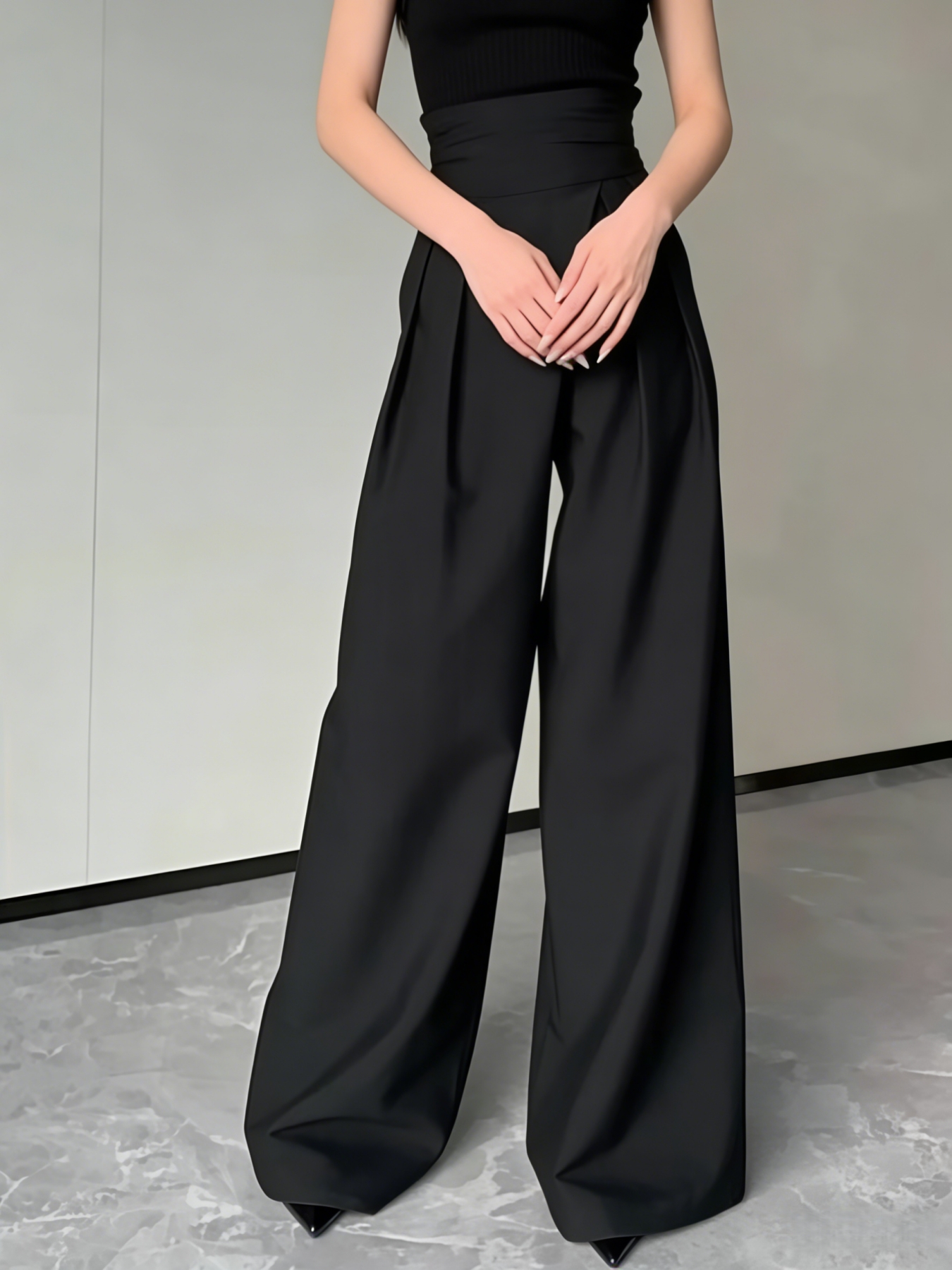 Black Pleated High Waist Wide Leg Pants-Aegean-sea