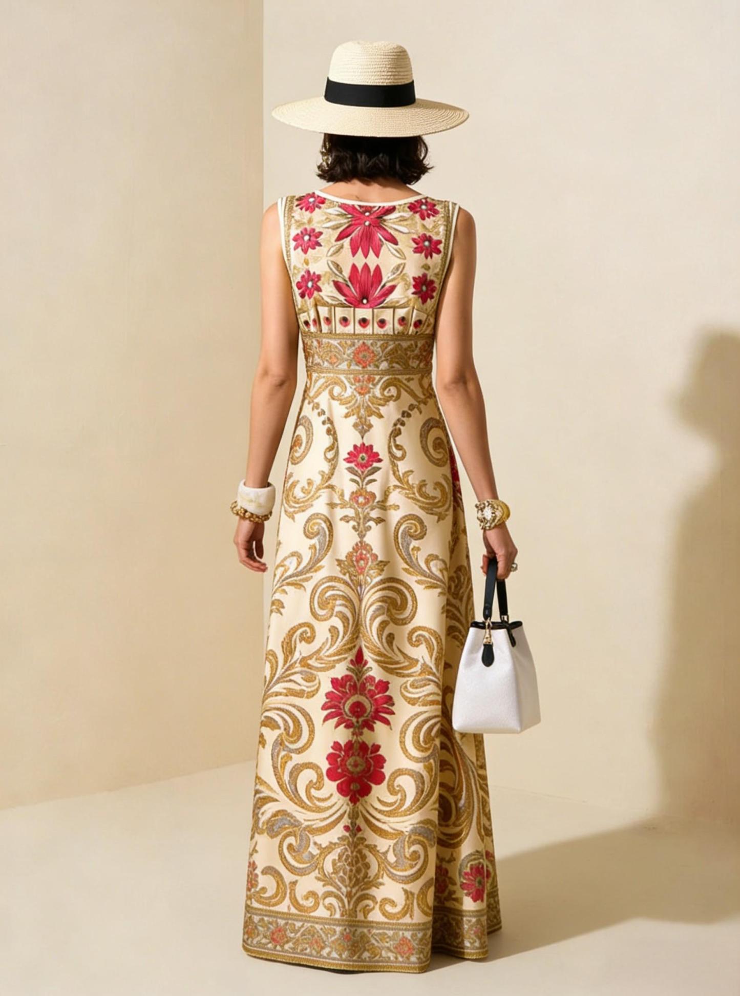 Beige & Gold Vintage Floral Sleeveless Maxi Dress, Elegant Palace Style Vacation Gown
