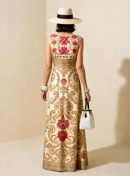 Beige & Gold Vintage Floral Sleeveless Maxi Dress, Elegant Palace Style Vacation Gown