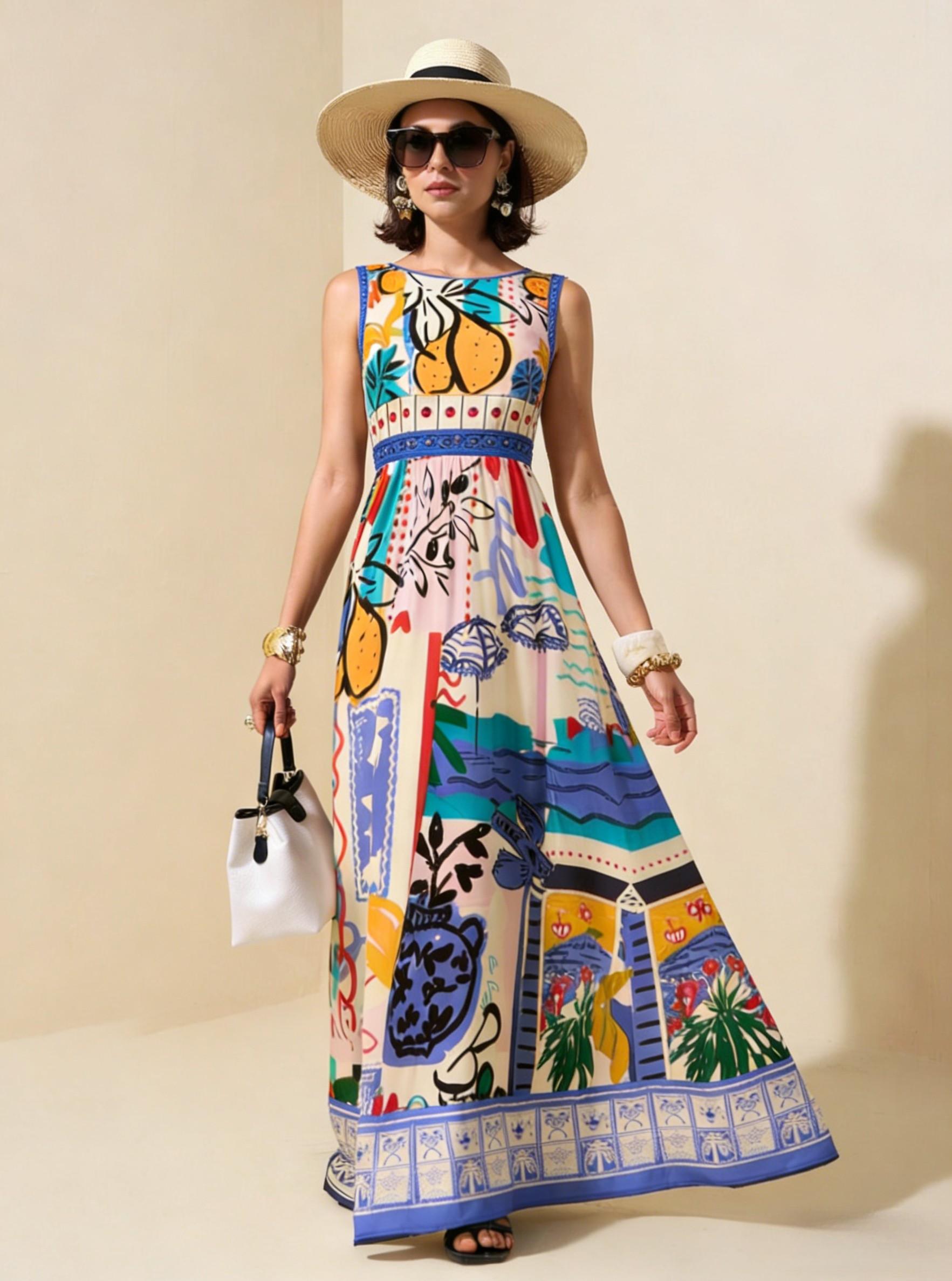 Colorful Graffiti Vacation Sleeveless Maxi Dress, Mediterranean Style Flowy Dress