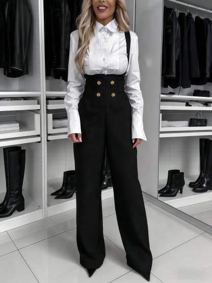 Woman's Decorative Double-Breasted High-Waist Suspender Wide-Leg Pants-Aegean-sea