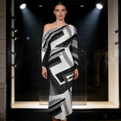 Black-and-white geometric-patterned slouch-shouldered women‘s dress Long-sleeved, body-fitting, hip-length skirt