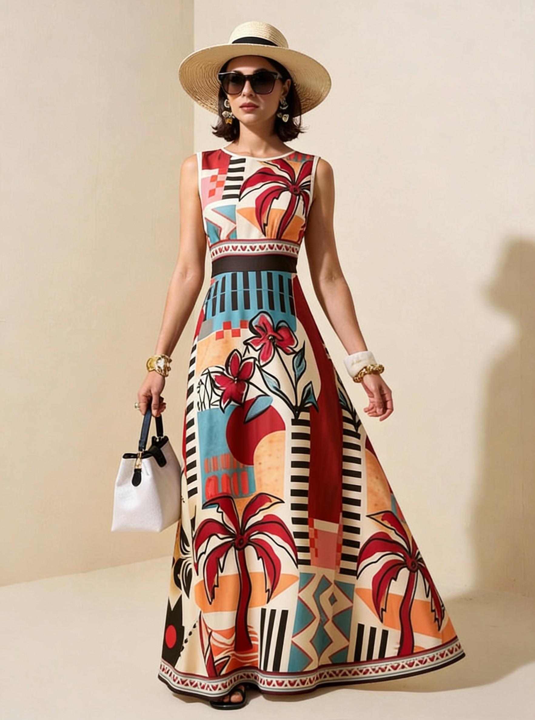 2026 Spring New Sleeveless Art Print Maxi Dress