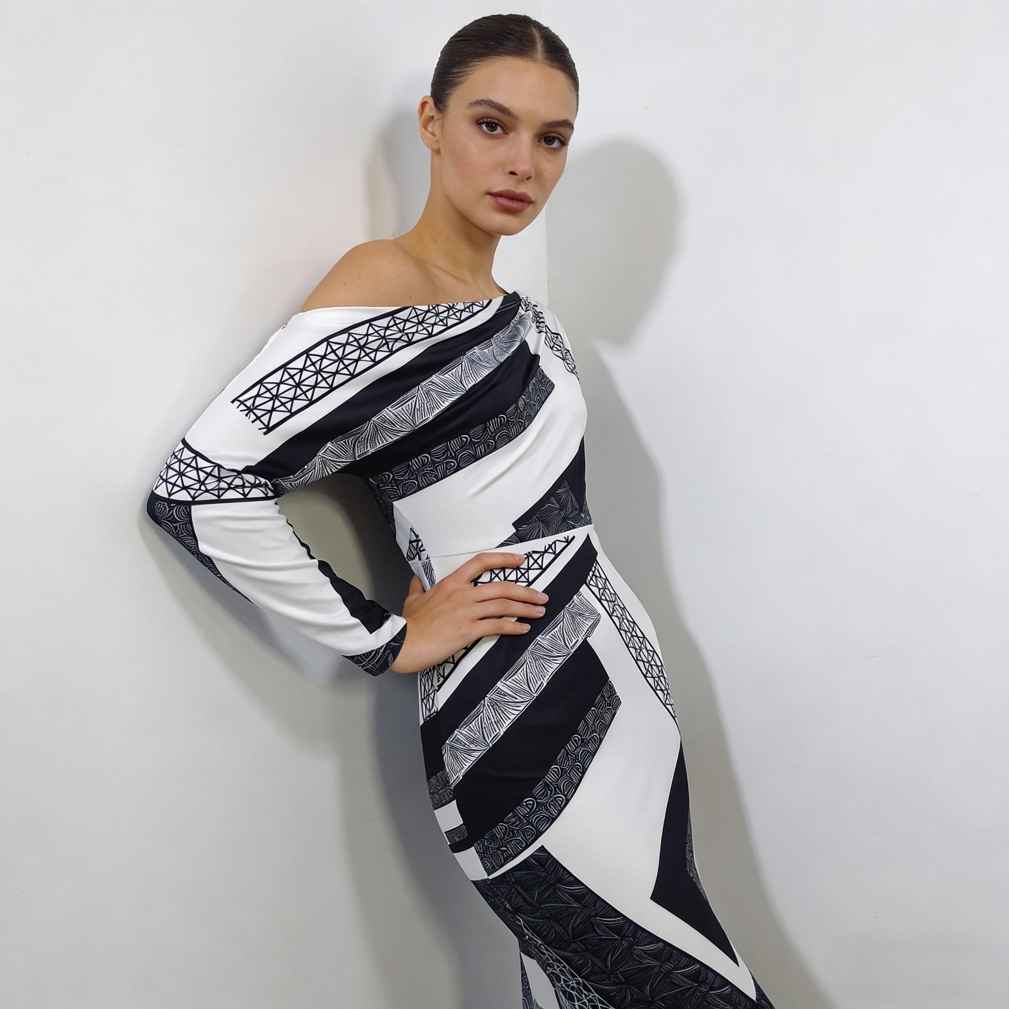 Black-and-white geometric-patterned slouch-shouldered women‘s dress Long-sleeved, body-fitting, hip-length skirt