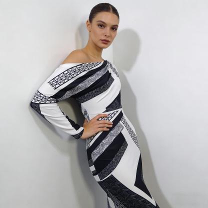 Black-and-white geometric-patterned slouch-shouldered women‘s dress Long-sleeved, body-fitting, hip-length skirt