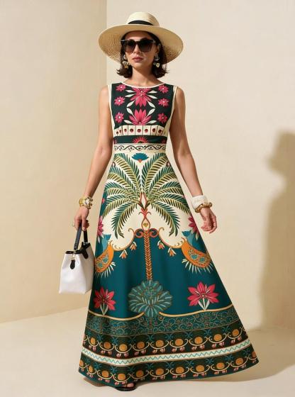 Green Palm Tree Floral Sleeveless Maxi Dress, Tropical Vacation Flowy Gown