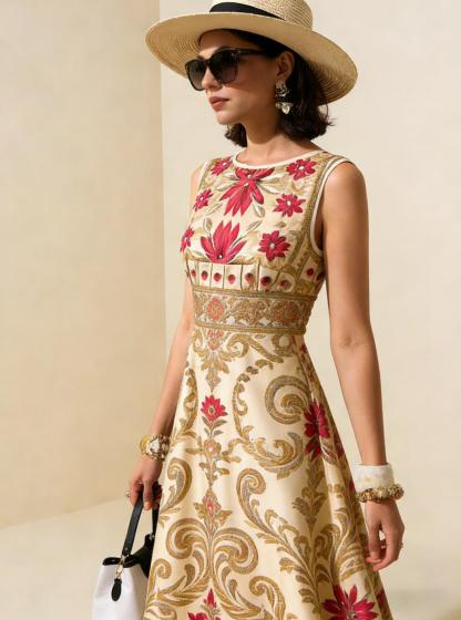 Beige & Gold Vintage Floral Sleeveless Maxi Dress, Elegant Palace Style Vacation Gown