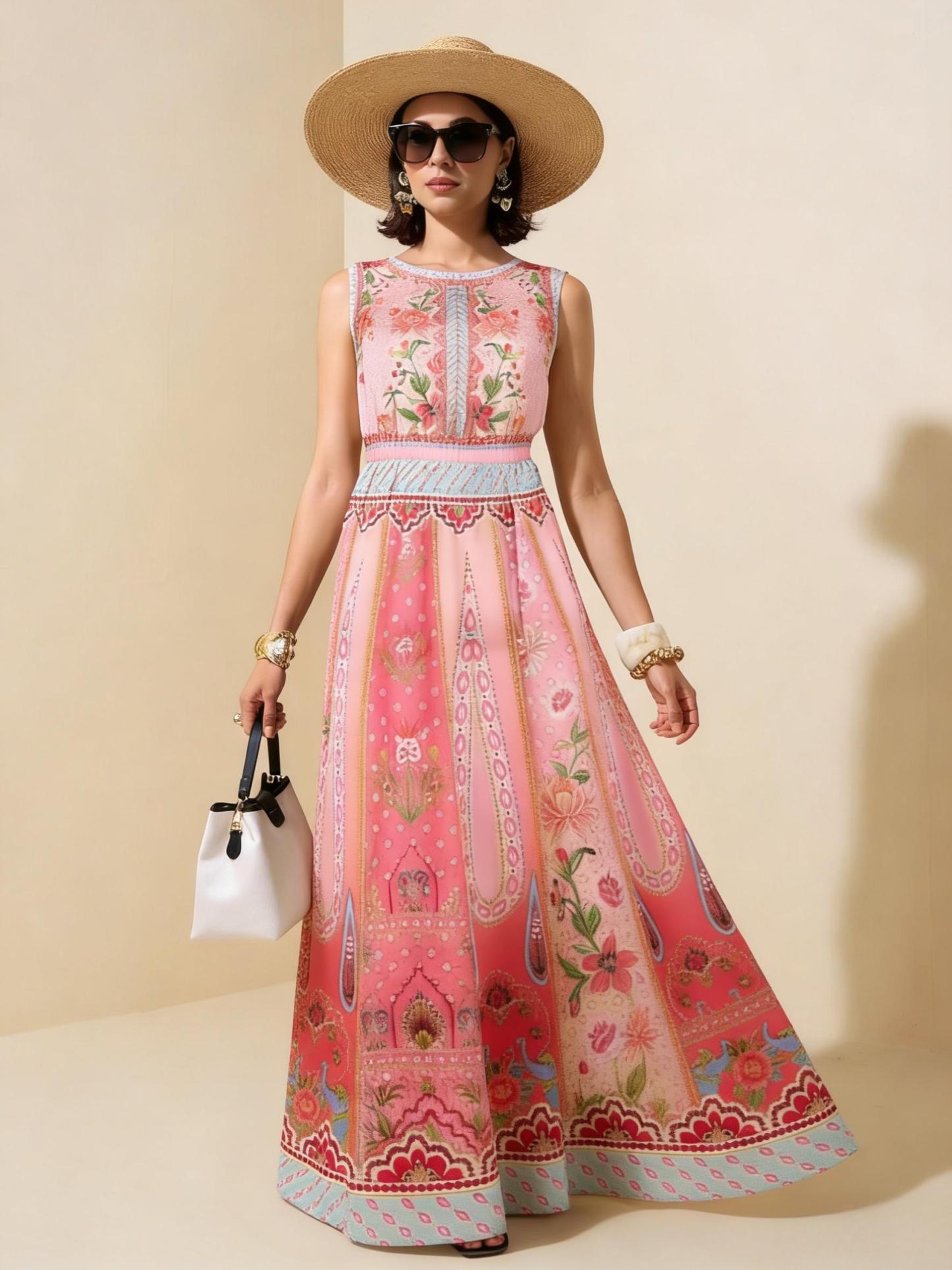 Pink Floral Ethnic Sleeveless Maxi Dress, Exotic Style Vacation Flowy Dress