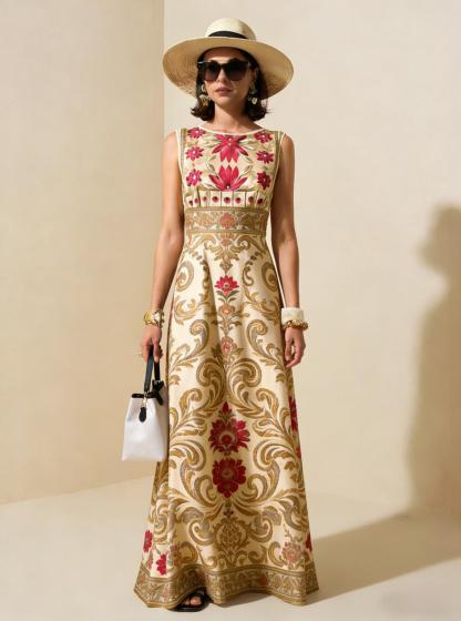 Beige & Gold Vintage Floral Sleeveless Maxi Dress, Elegant Palace Style Vacation Gown