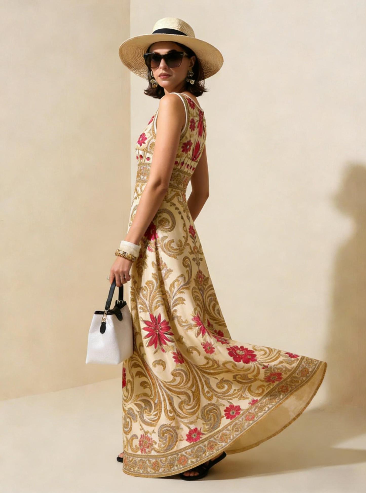 Beige & Gold Vintage Floral Sleeveless Maxi Dress, Elegant Palace Style Vacation Gown
