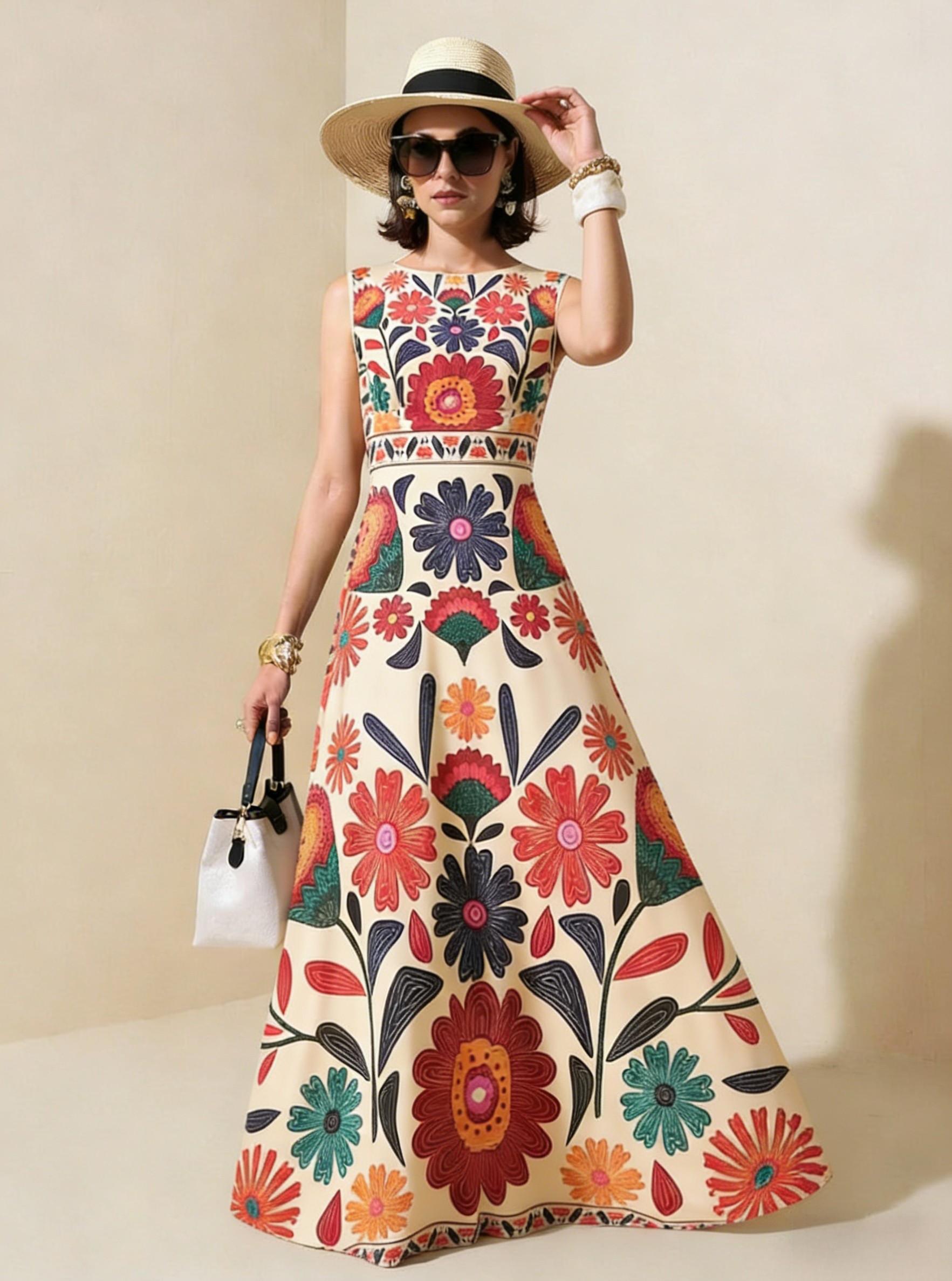 2026 Spring New Colorful Mexican Floral Embroidered Maxi Dress - Sleeveless Formal Party Gown