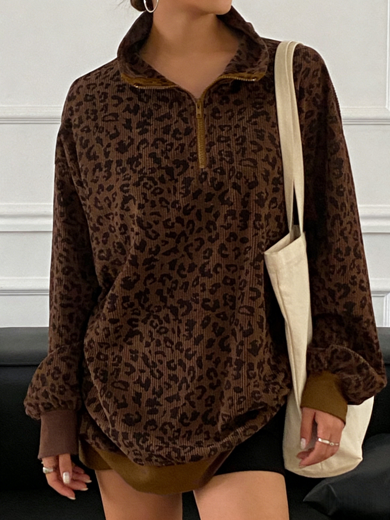 Sudadera holgada de terciopelo con estampado de leopardo de mujer de cuello alto con cremallera media-Aegean-sea