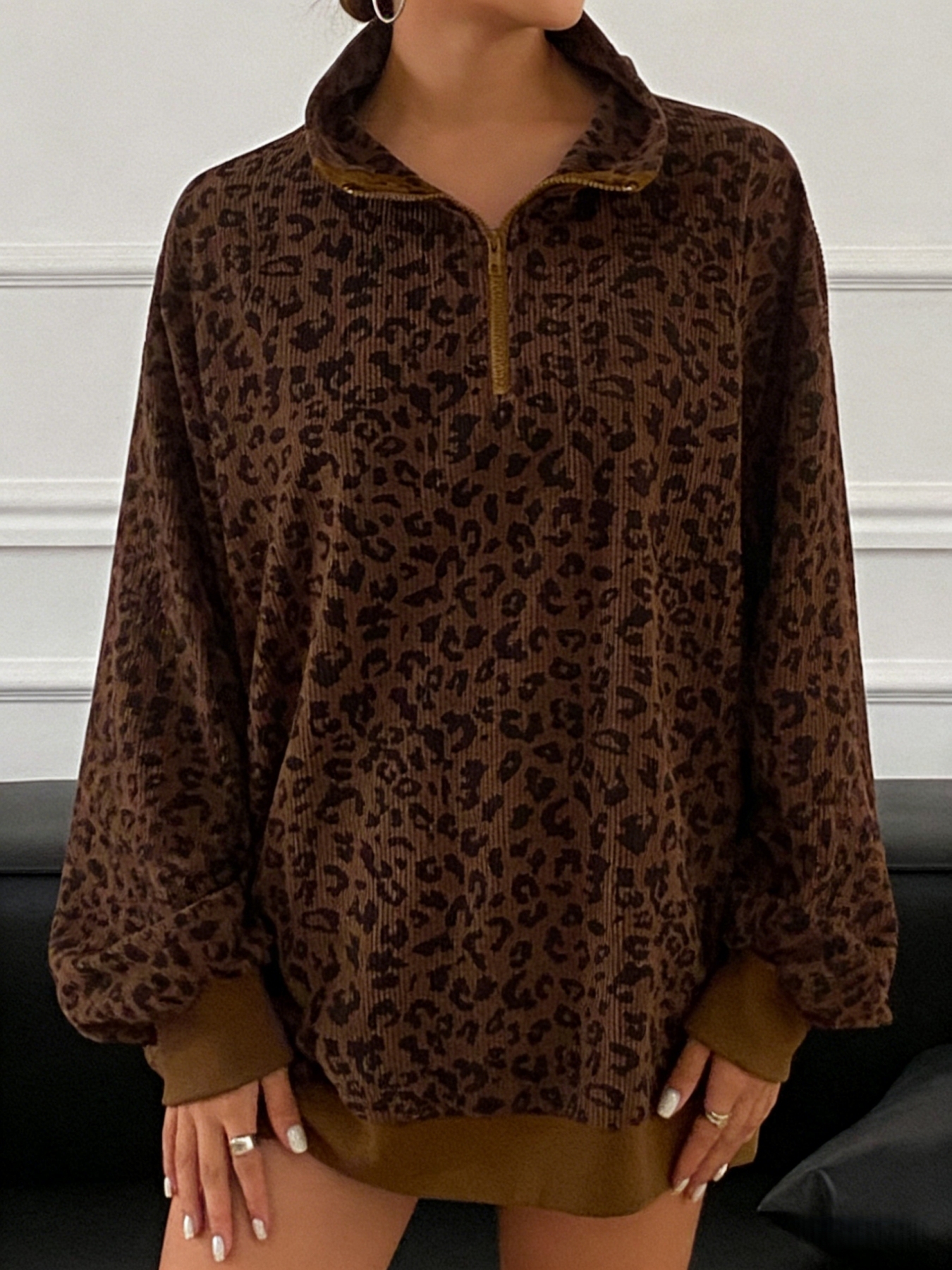 Sudadera holgada de terciopelo con estampado de leopardo de mujer de cuello alto con cremallera media-Aegean-sea