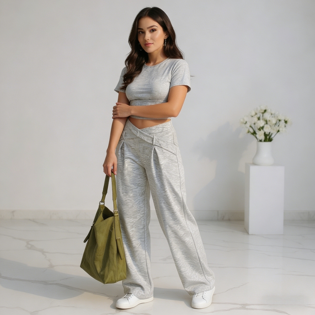 Light gray cross-waisted wide-legged pants for women Loose sagging casual sweatpants Daily commute laziness-Aegean-sea