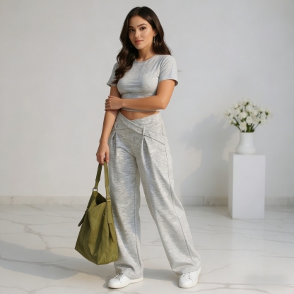Light gray cross-waisted wide-legged pants for women Loose sagging casual sweatpants Daily commute laziness-Aegean-sea