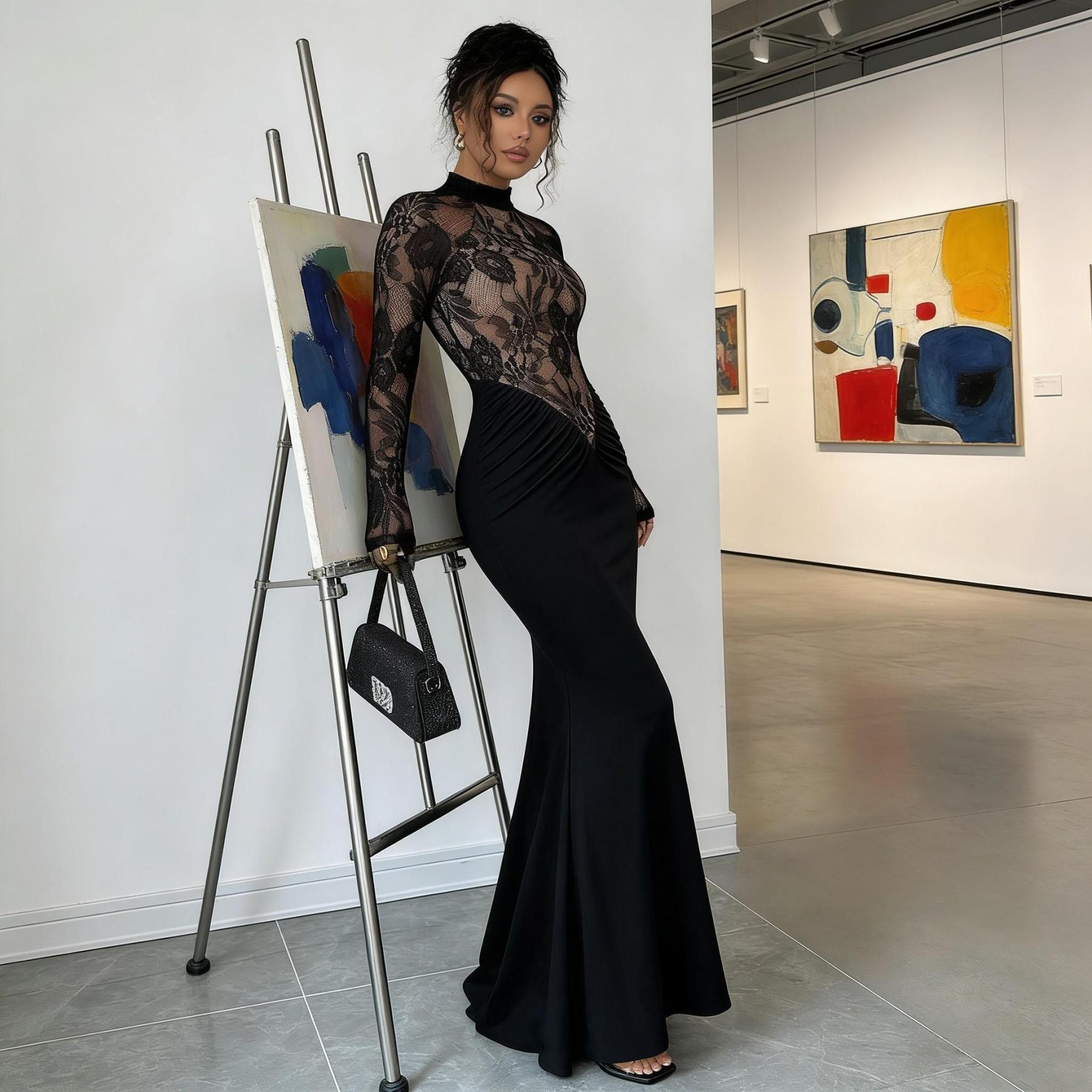 Woman's Black Mock Neck Sheer Lace Long Sleeve Ruched Mermaid Dress