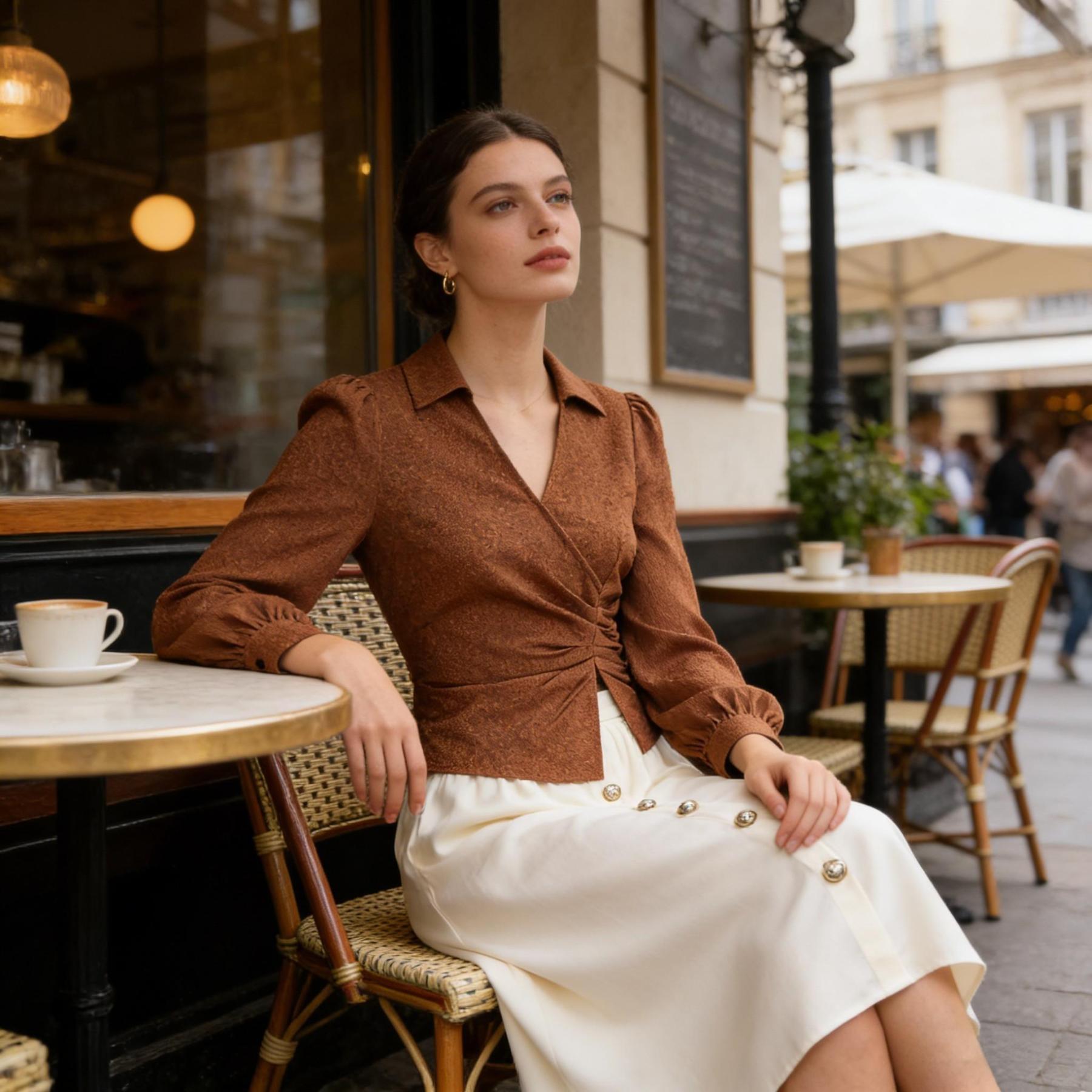Caramel-colored twisted body shirt, beige-white high-waisted half-skirt button-down suit
