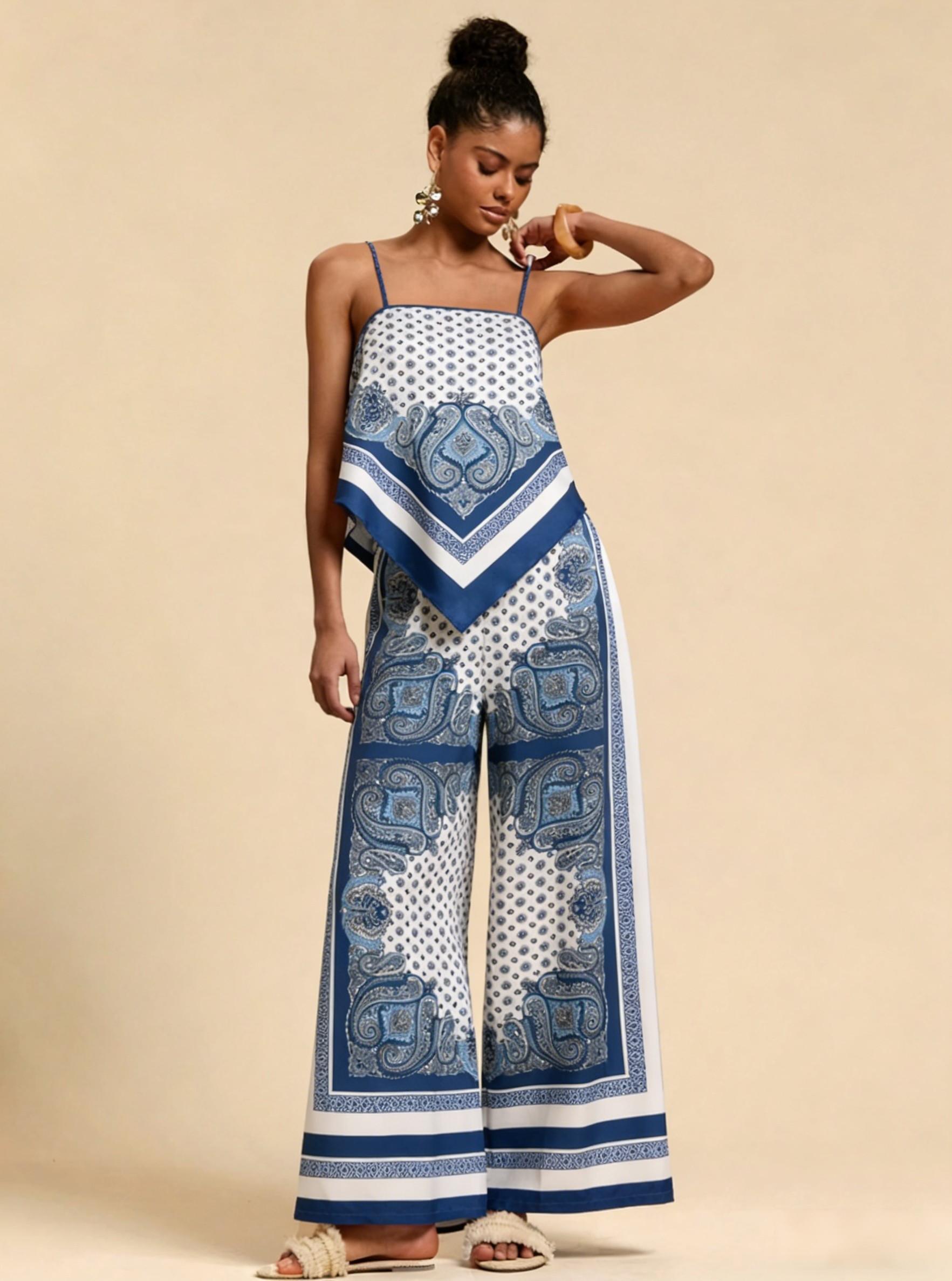 Flowery sling-back square scarf top wide-legged pants suit, bohemian holiday style two-piece suit