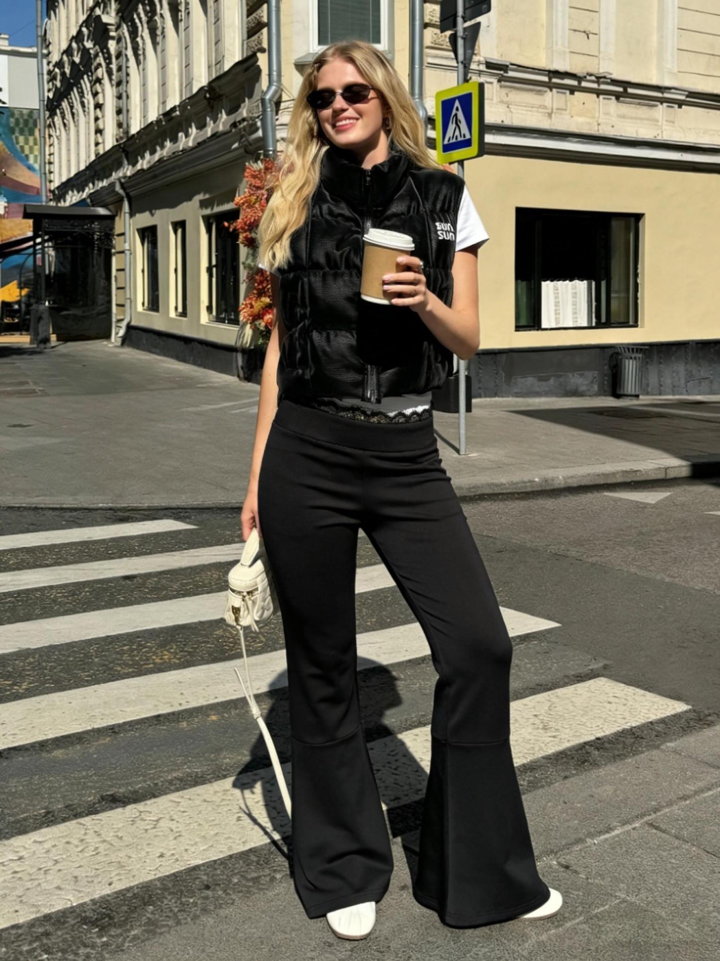 Black lace bell-bottomed pants, hot girl style high-waisted skinny flared pants