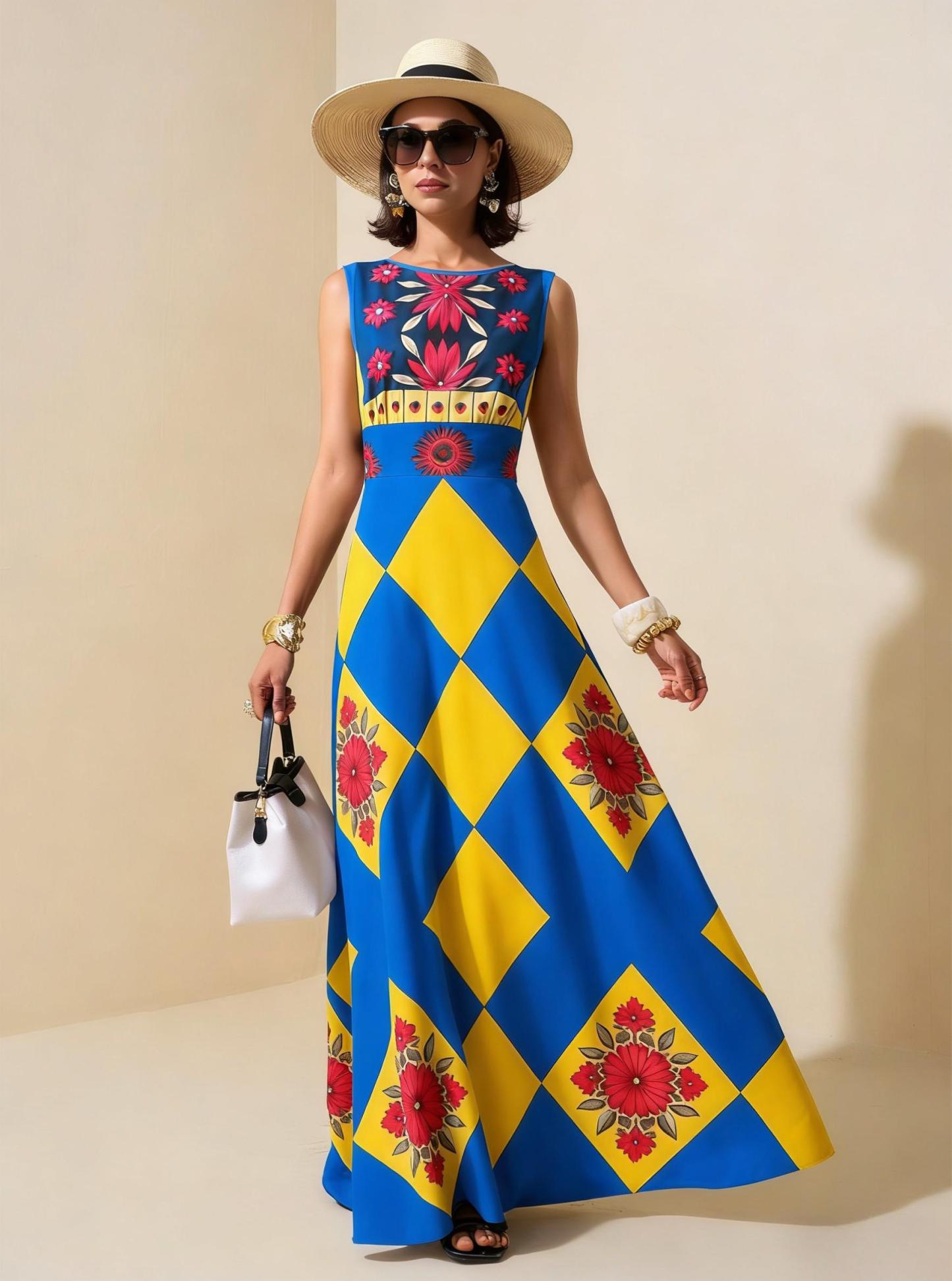 Blue & Yellow Diamond Floral Sleeveless Maxi Dress, Boho Vacation Flowy A Line Dress