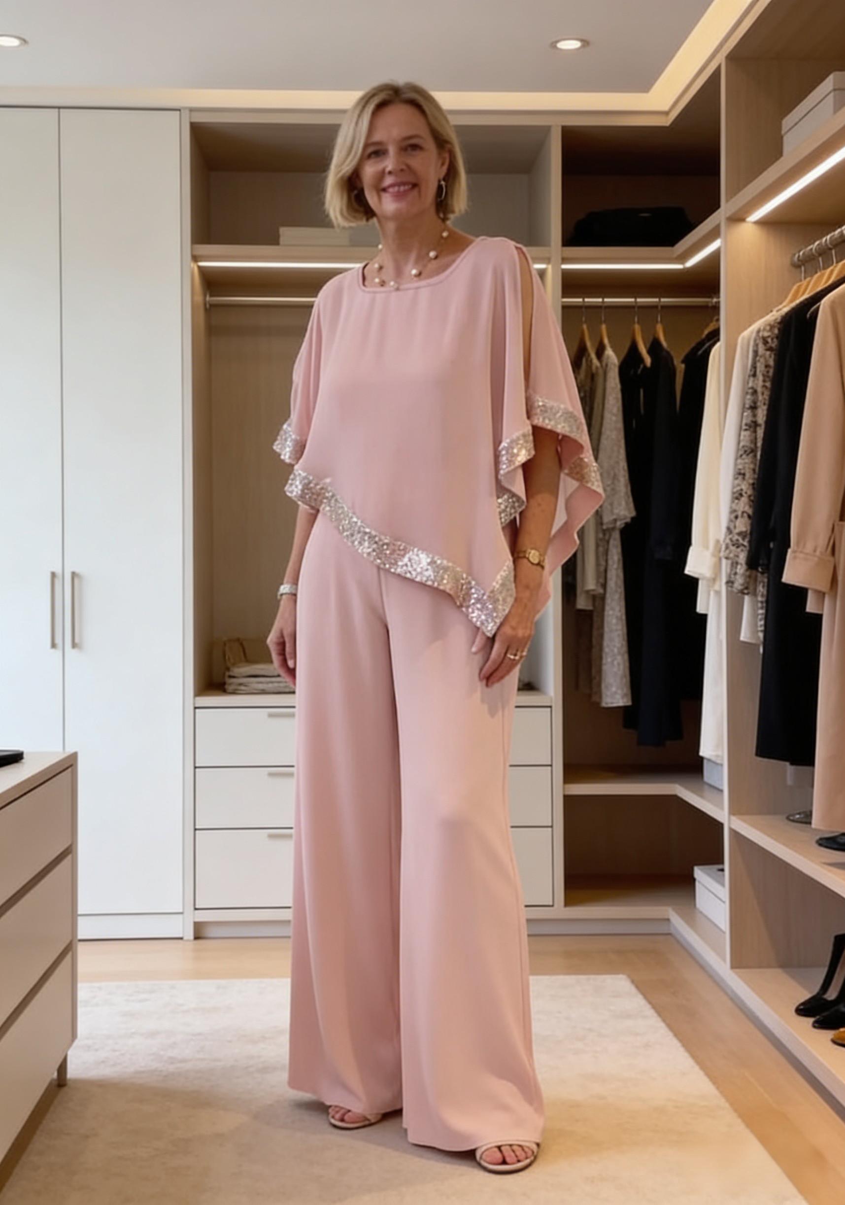 Pink sequined wide-legged suit, elegant temperament two-piece suit