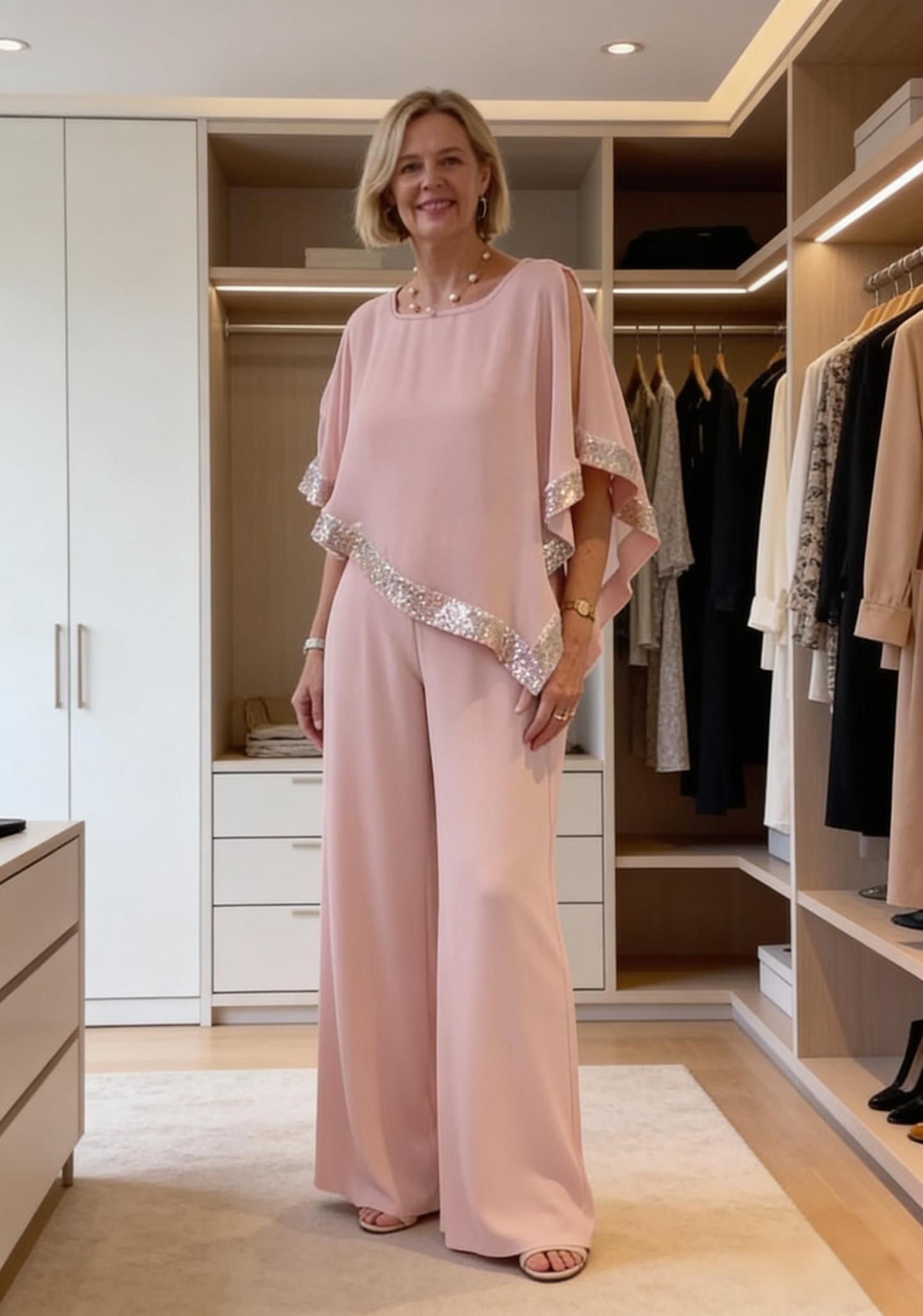 Pink sequined wide-legged suit, elegant temperament two-piece suit