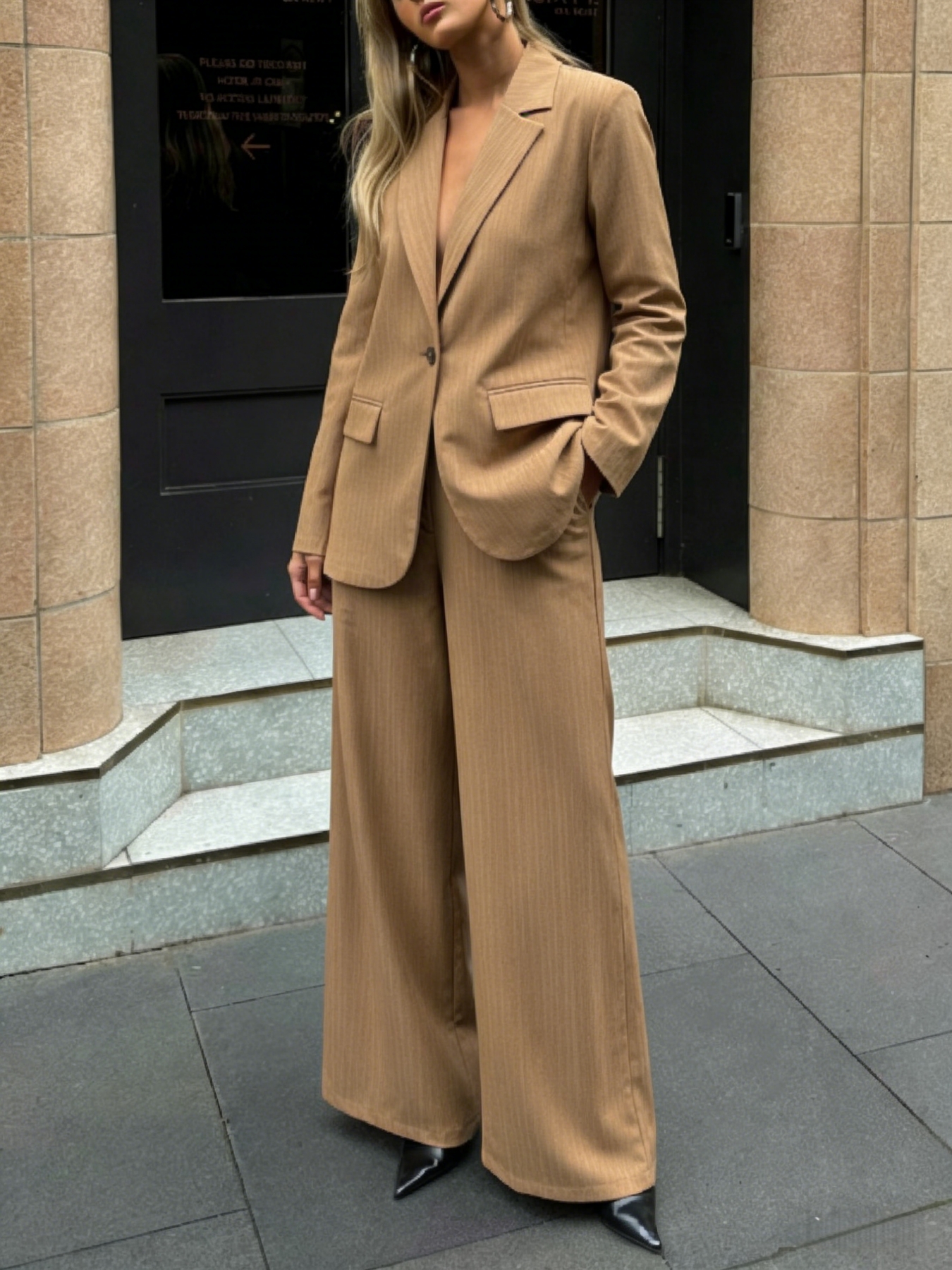 Woman's Camel Vertical Stripe Blazer & Wide-Leg Pants Set | Loose Casual Office Two-Piece-Aegean-sea